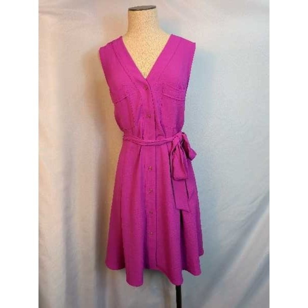DKNY Women's Pink Sleeveless Button‎ Front Belted Shirt Dress Size 14